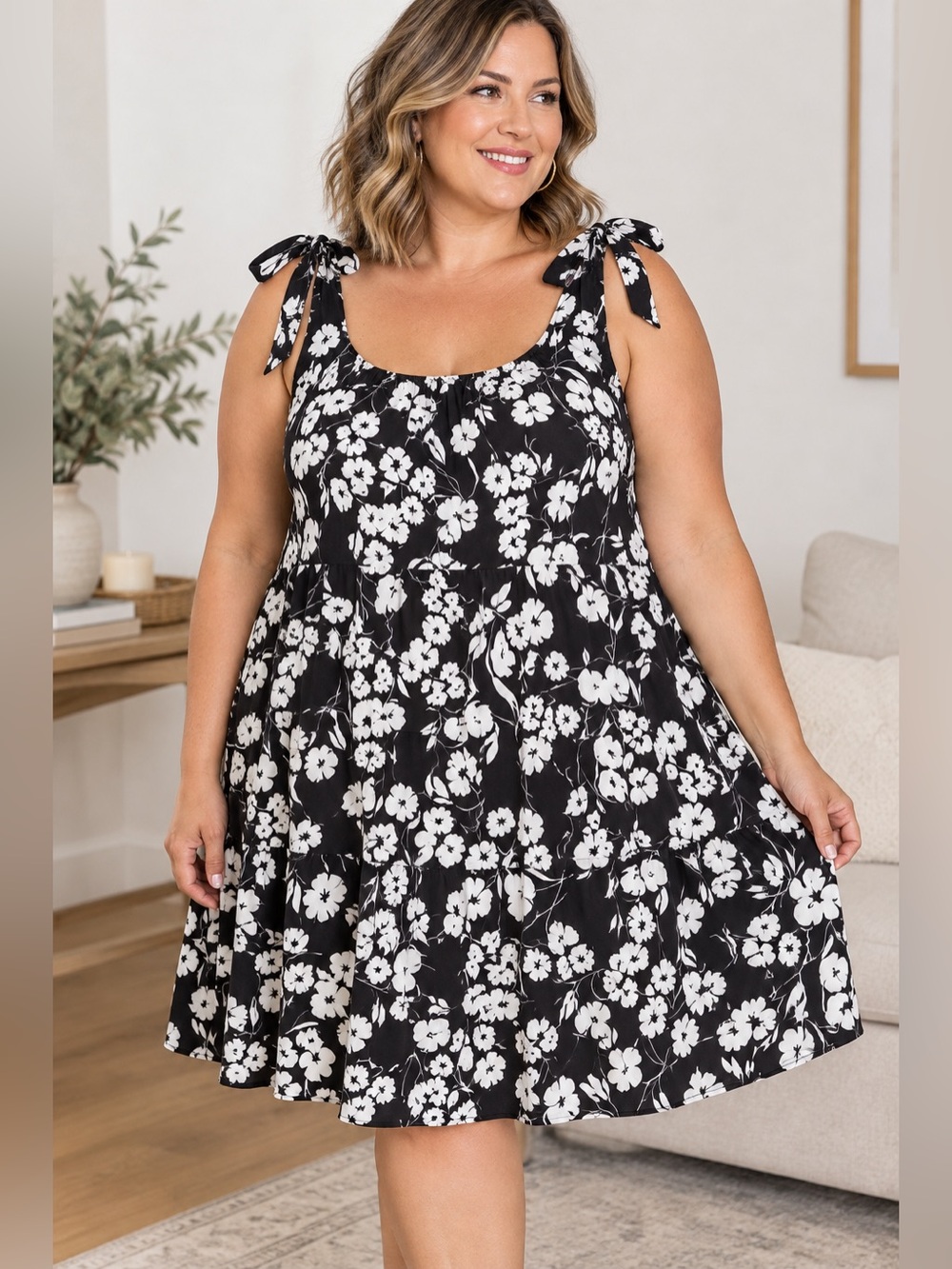 Penningtons Black & White Floral Tie-Shoulder Mini Dress